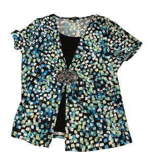 Elementz women's blouse two-fer Medium short sleeves relaxed silver clasp blue